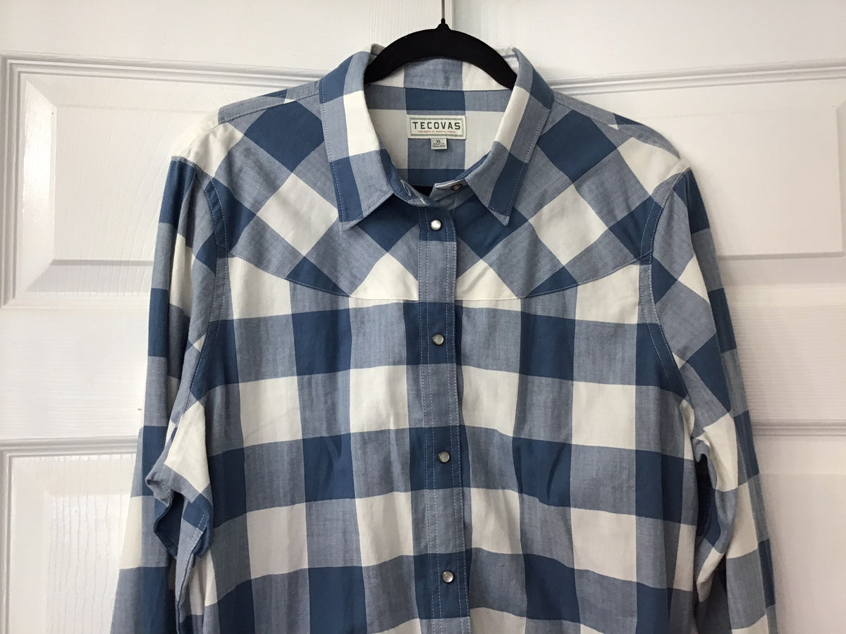 #90: Tecovas Blue & White Plaid Western Snap Shirt Size XL