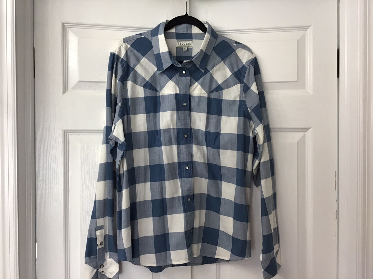 #90: Tecovas Blue & White Plaid Western Snap Shirt Size XL