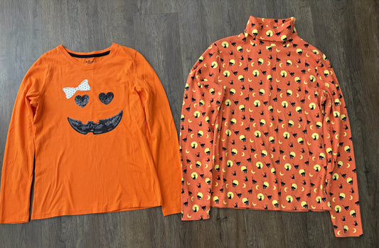 #126 EUC 2 Halloween Shirts - Sequin Pumpkin Shirt & Black Cat Turtleneck Girls L 10/12