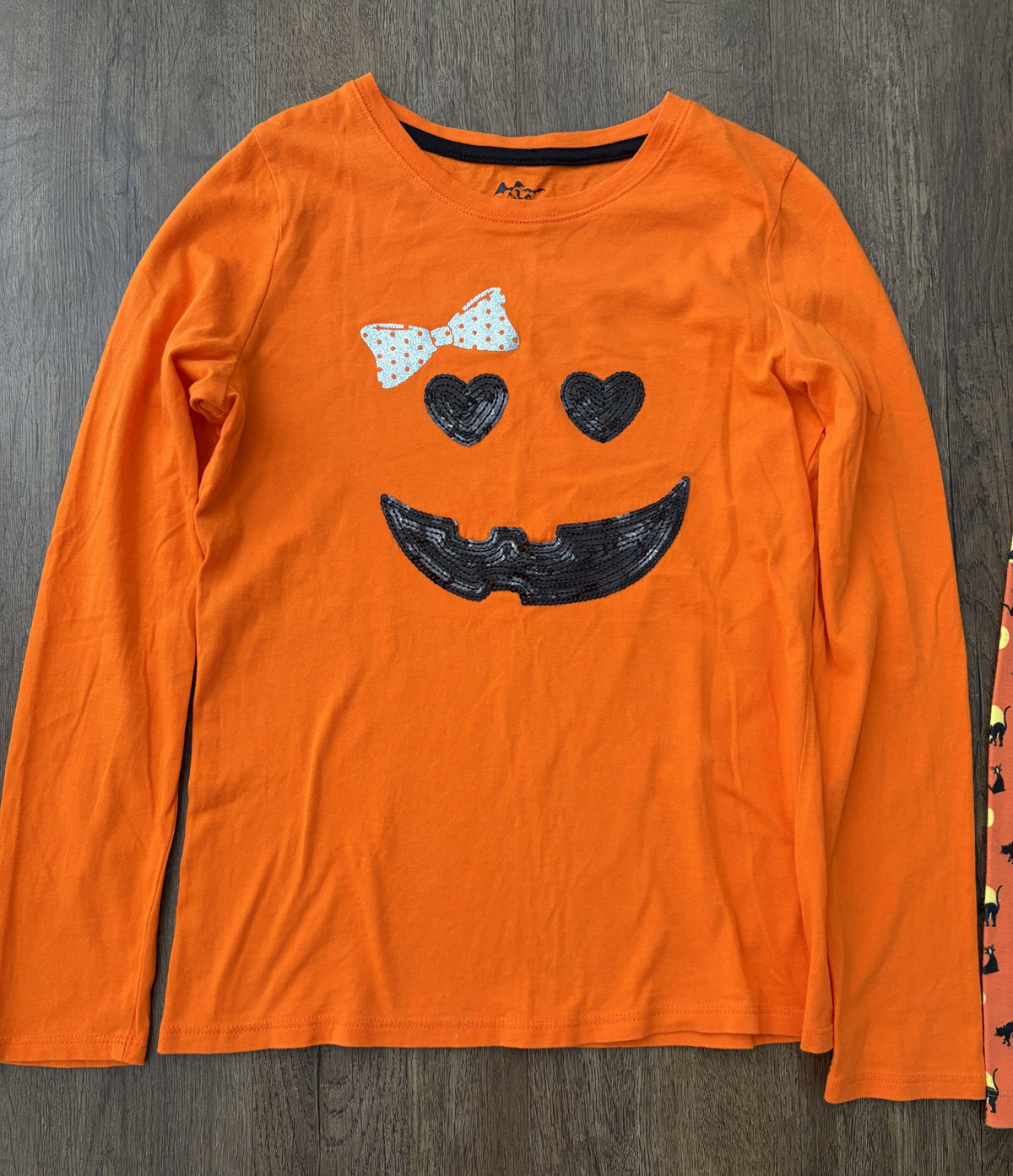 #126 EUC 2 Halloween Shirts - Sequin Pumpkin Shirt & Black Cat Turtleneck Girls L 10/12