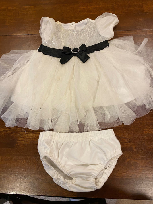 Girls Dress  sequin white with black belt with diaper cover-3-6mo