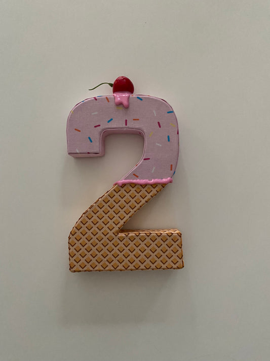 Custom Made Sign Number ‘2’ with Ice Cream Sundae Fabric and Cherry on top