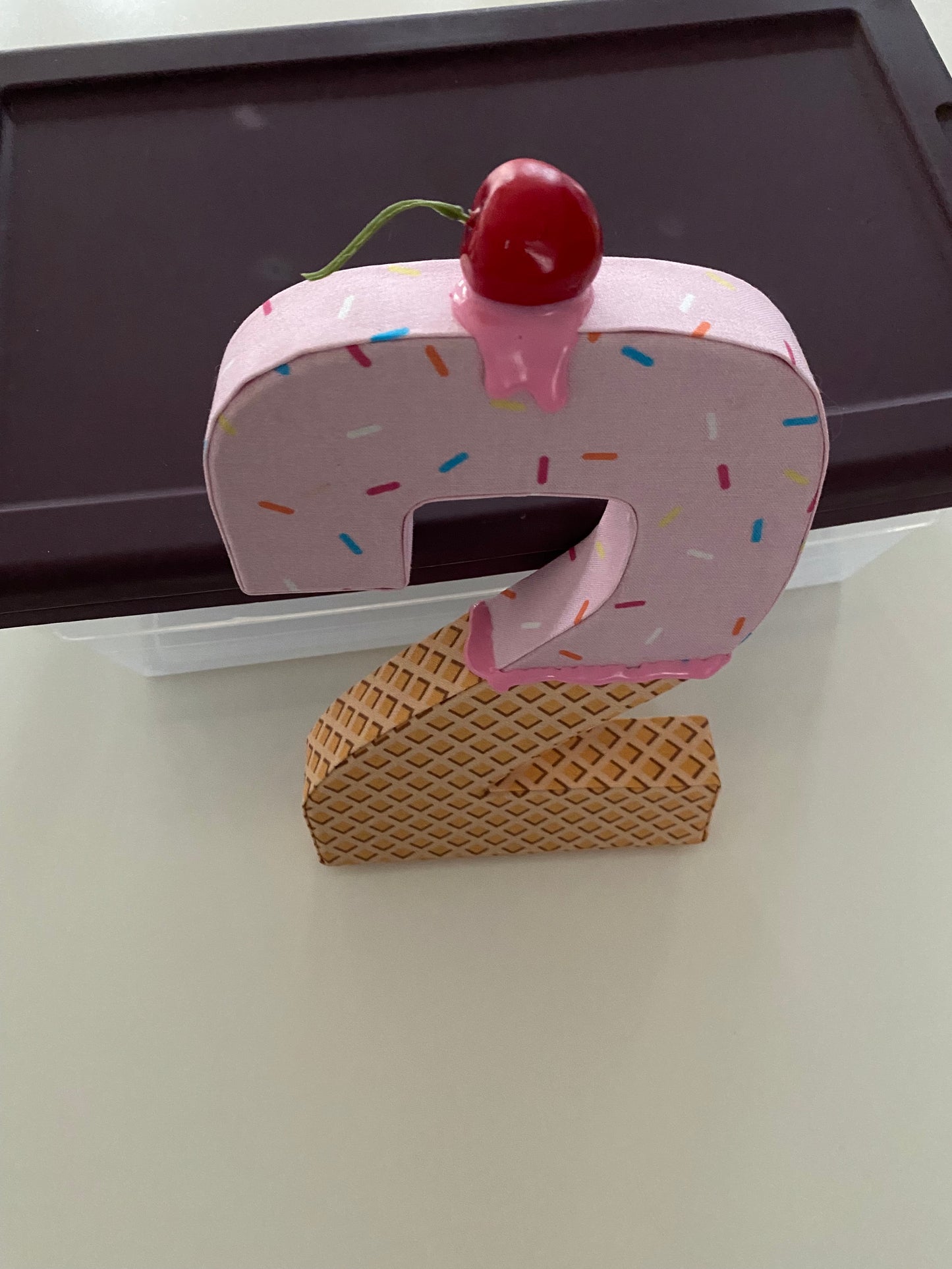 Custom Made Sign Number ‘2’ with Ice Cream Sundae Fabric and Cherry on top