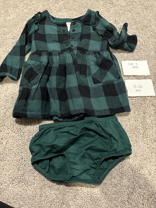 #138 - 9-12 Mo - EUC Cat & Jack - Green Plaid LS Dress + Diaper Cover - PU 45236
