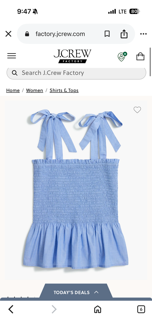 Seller #144 JCrew Blue Smocked Tie Shoulder Tank Top