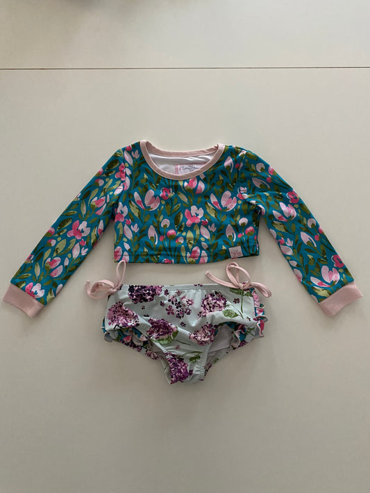 SweetHoney Swim blue floral cropped Rashguard and light blue floral bottoms Girls 2T