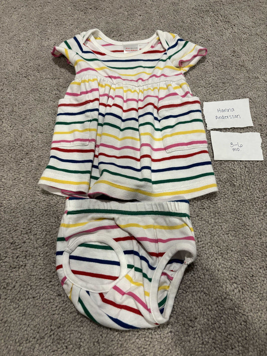 #77 - 3-6 Mo - VGUC Hanna Andersson - Rainbow Striped Dress with Diaper Cover