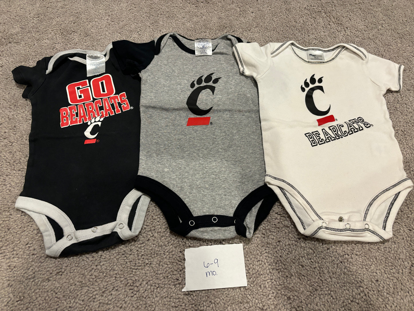 #138 - 6-9 Mo - VGUC 3 Pack UC Bearcat Onesies (Black/Grey/White) - PU 45236