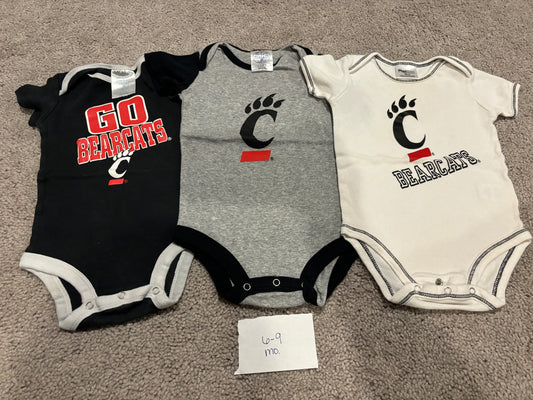 #138 - 6-9 Mo - VGUC 3 Pack UC Bearcat Onesies (Black/Grey/White) - PU 45236