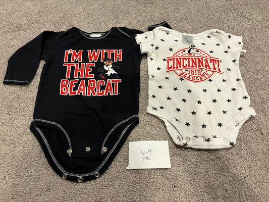 #138 - 6-9 Mo - VGUC 2 Pack UC Bearcat Onesies (LS Black and SS White) - PU 45236