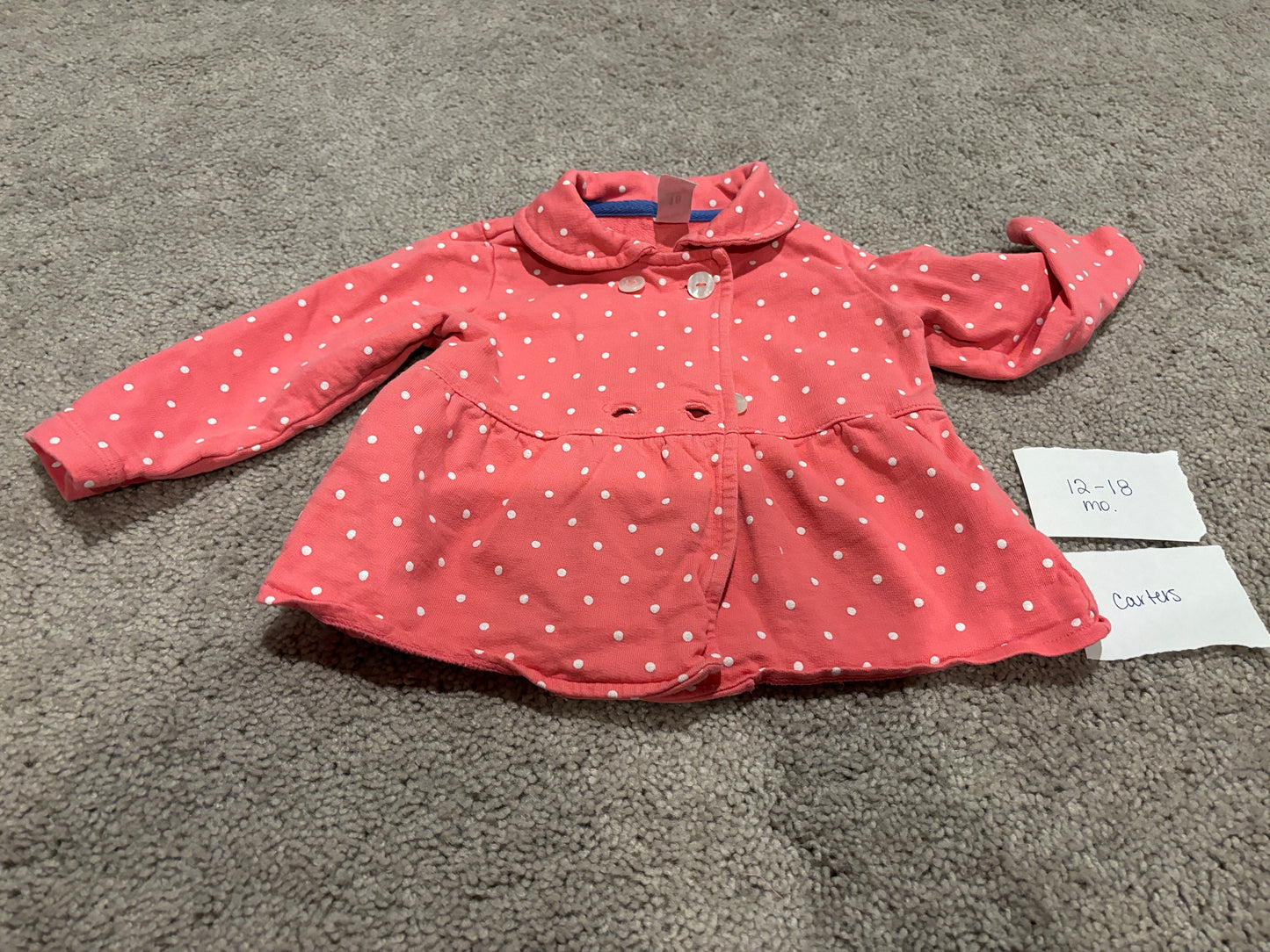 #138 - 12-18 Mo - VGUC Carters - Coral Light Jacket - PU 45236