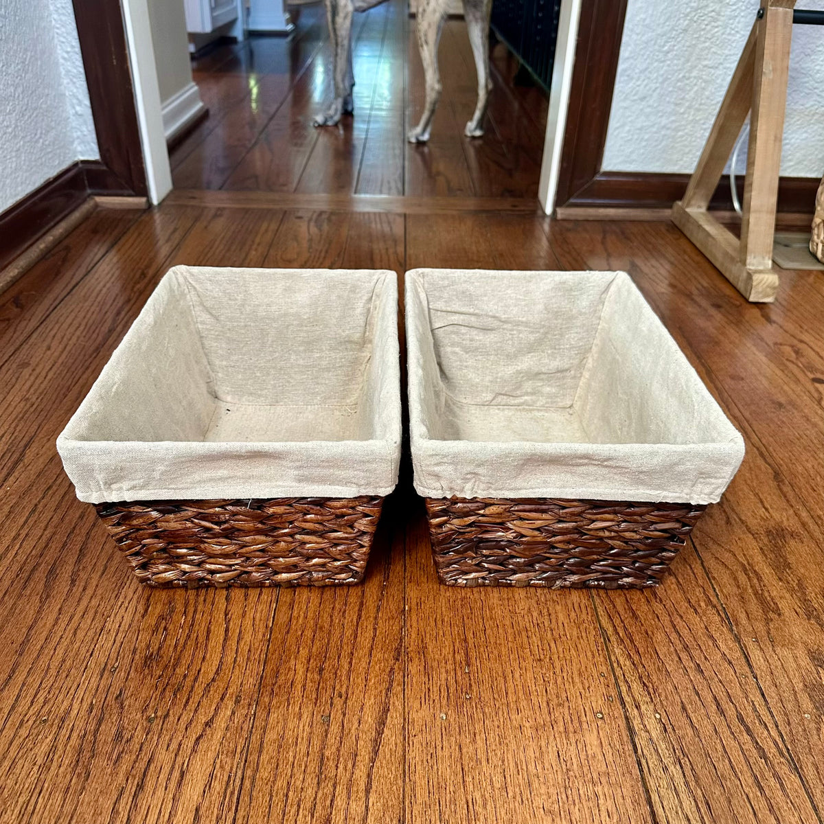 #113	Woven Baskets with Linen Liner set of 2, approx 13 x 9 x 6.5"