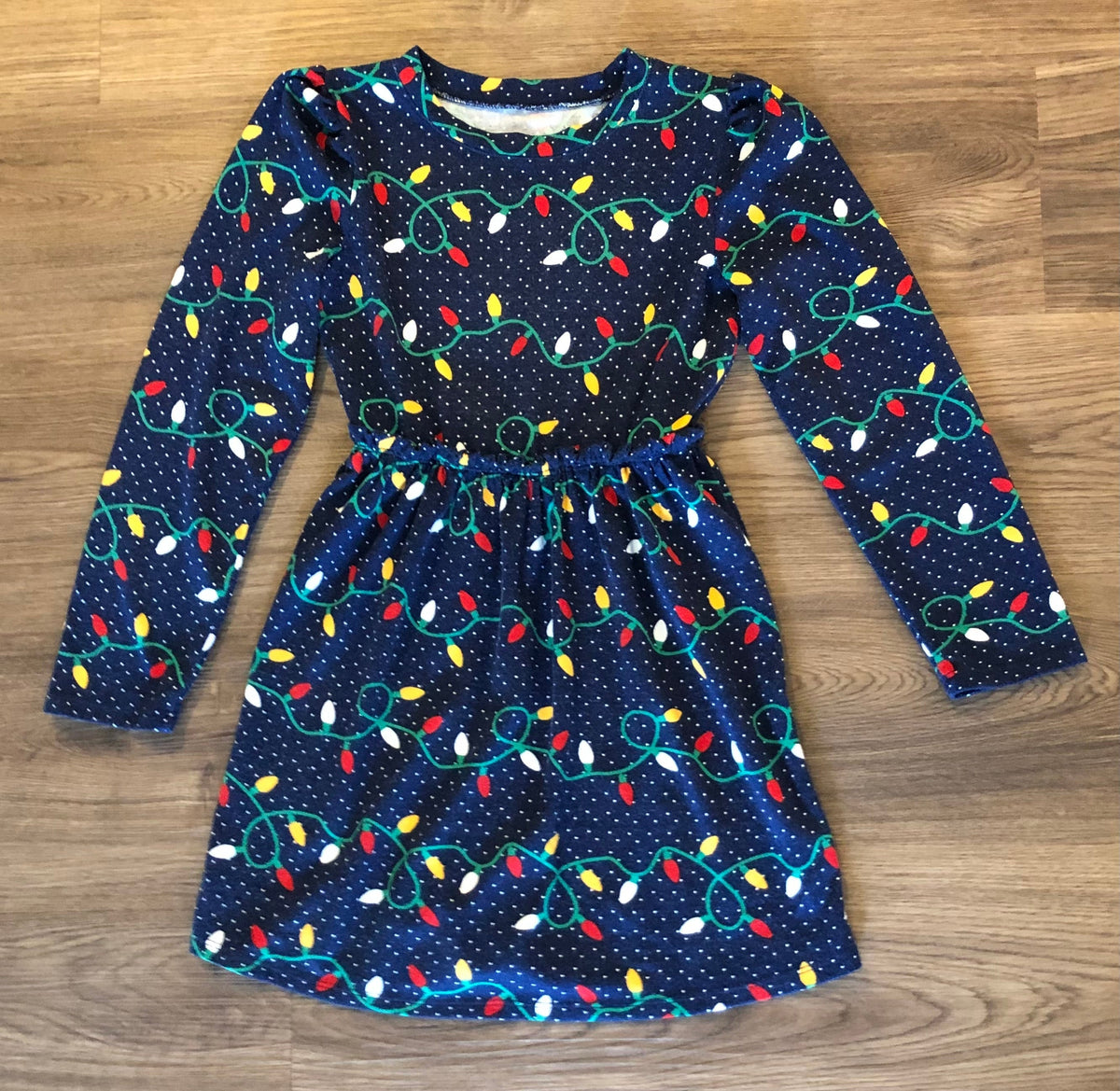 #137 Christmas lights dress girls 7/8 (soft and stretchy)