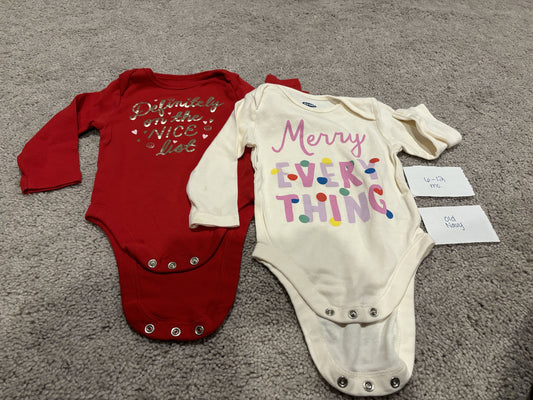 #138 - 6-12 Mo - VGUC Old Navy - 2 Pack LS Christmas Onesies (Nice List + Merry Everything) - PU 45236