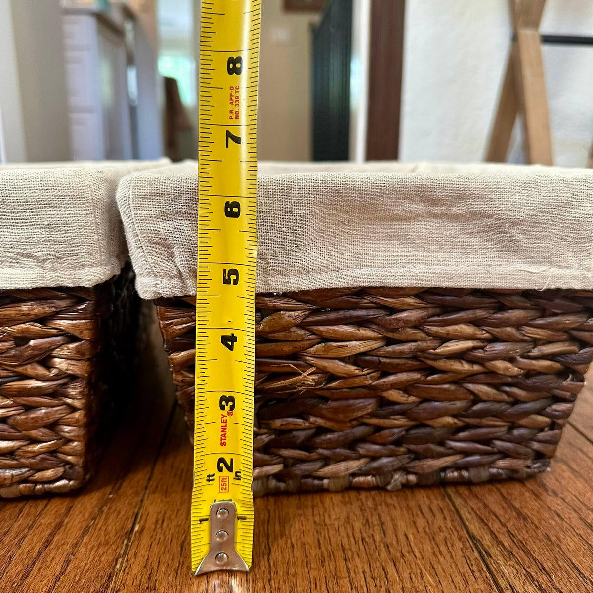 #113	Woven Baskets with Linen Liner set of 2, approx 13 x 9 x 6.5"