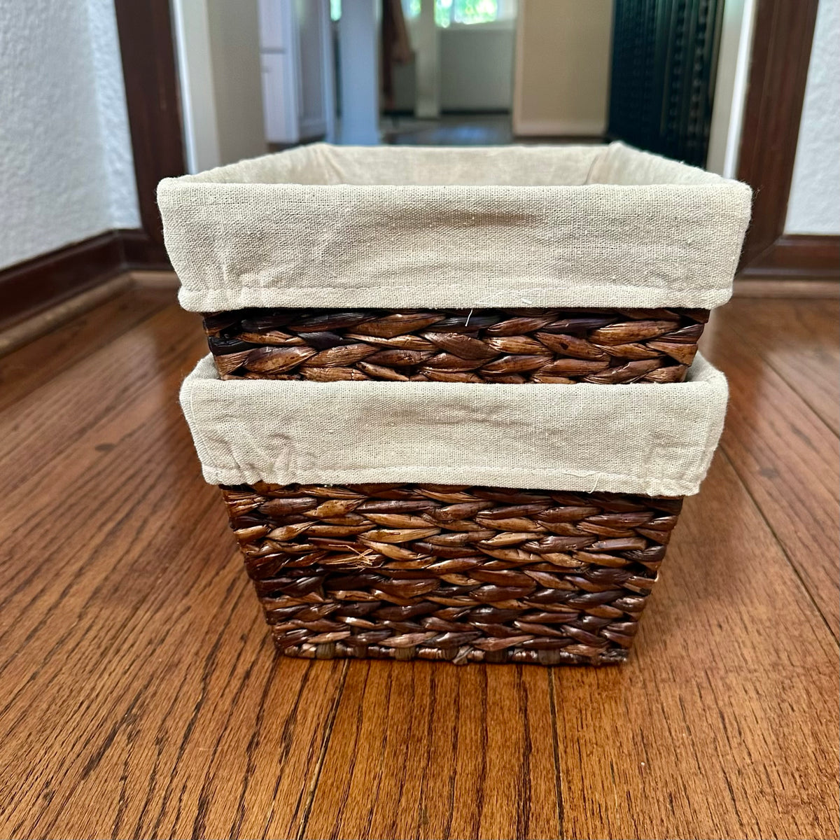 #113	Woven Baskets with Linen Liner set of 2, approx 13 x 9 x 6.5"
