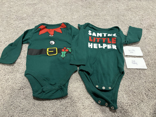 #138 - 6-12 Mo - VGUC Old Navy - 2 Pack LS Christmas Onesies (Elf + Santas Little Helper) - PU 45236