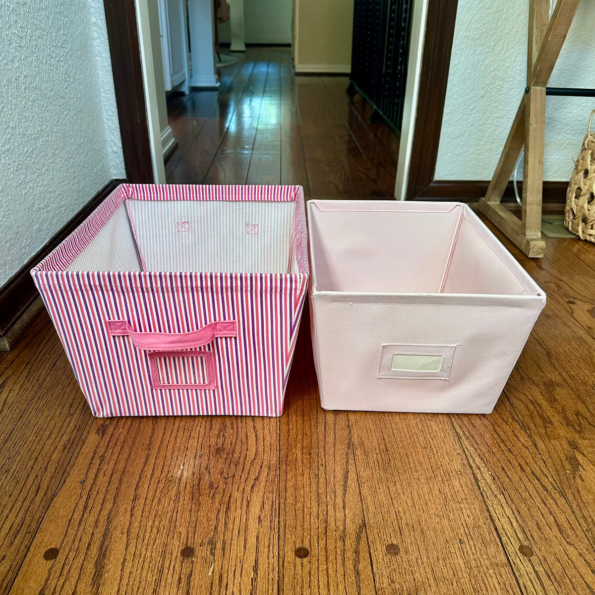 #113	Pink Fabric Bins set of 2, Pink+Purple stripe (17 x 14 x 9.5") and Light Pink (16 x 12 x 8.5")