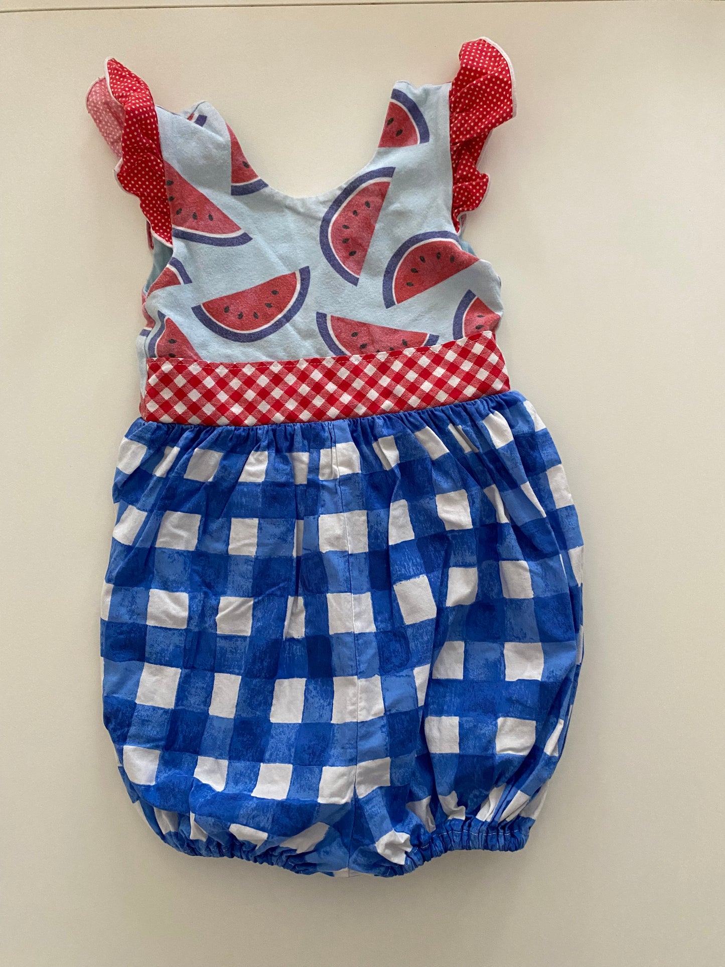 Baby Love ‘n More Watermelon and Blue Checker Print Bubble Romper Girls 2T