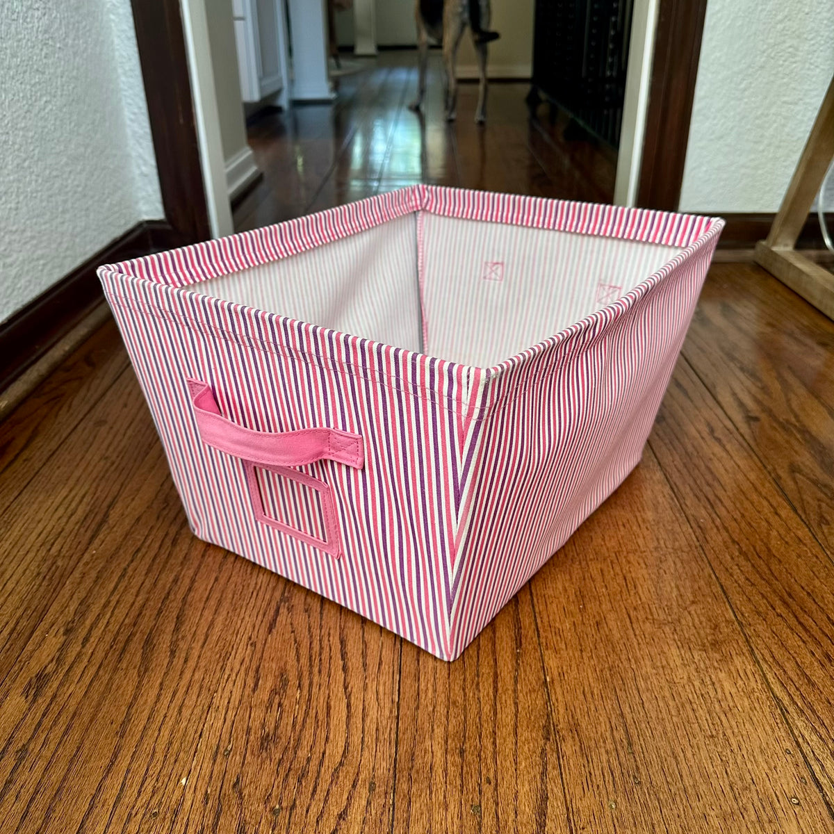 #113	Pink Fabric Bins set of 2, Pink+Purple stripe (17 x 14 x 9.5") and Light Pink (16 x 12 x 8.5")