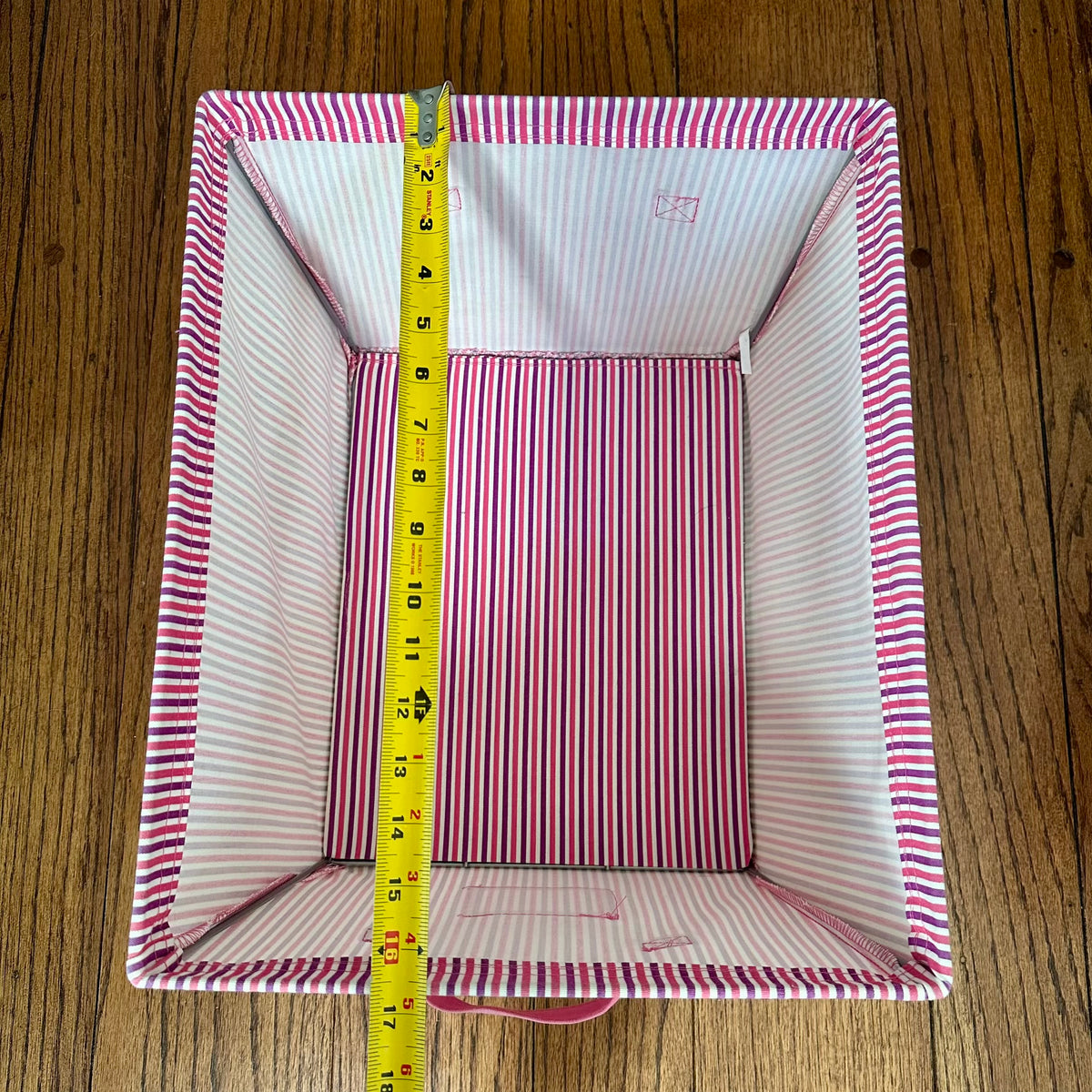 #113	Pink Fabric Bins set of 2, Pink+Purple stripe (17 x 14 x 9.5") and Light Pink (16 x 12 x 8.5")