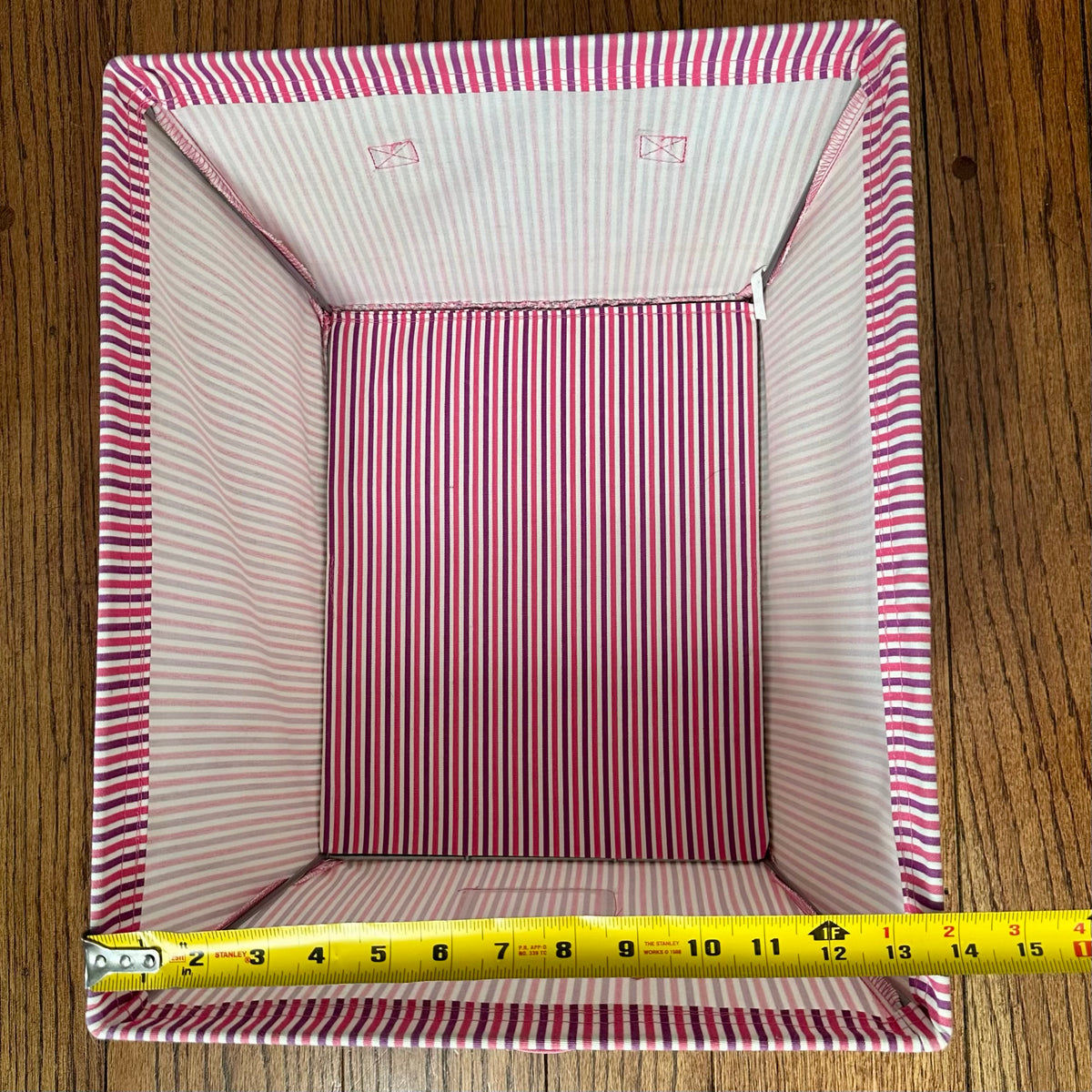 #113	Pink Fabric Bins set of 2, Pink+Purple stripe (17 x 14 x 9.5") and Light Pink (16 x 12 x 8.5")