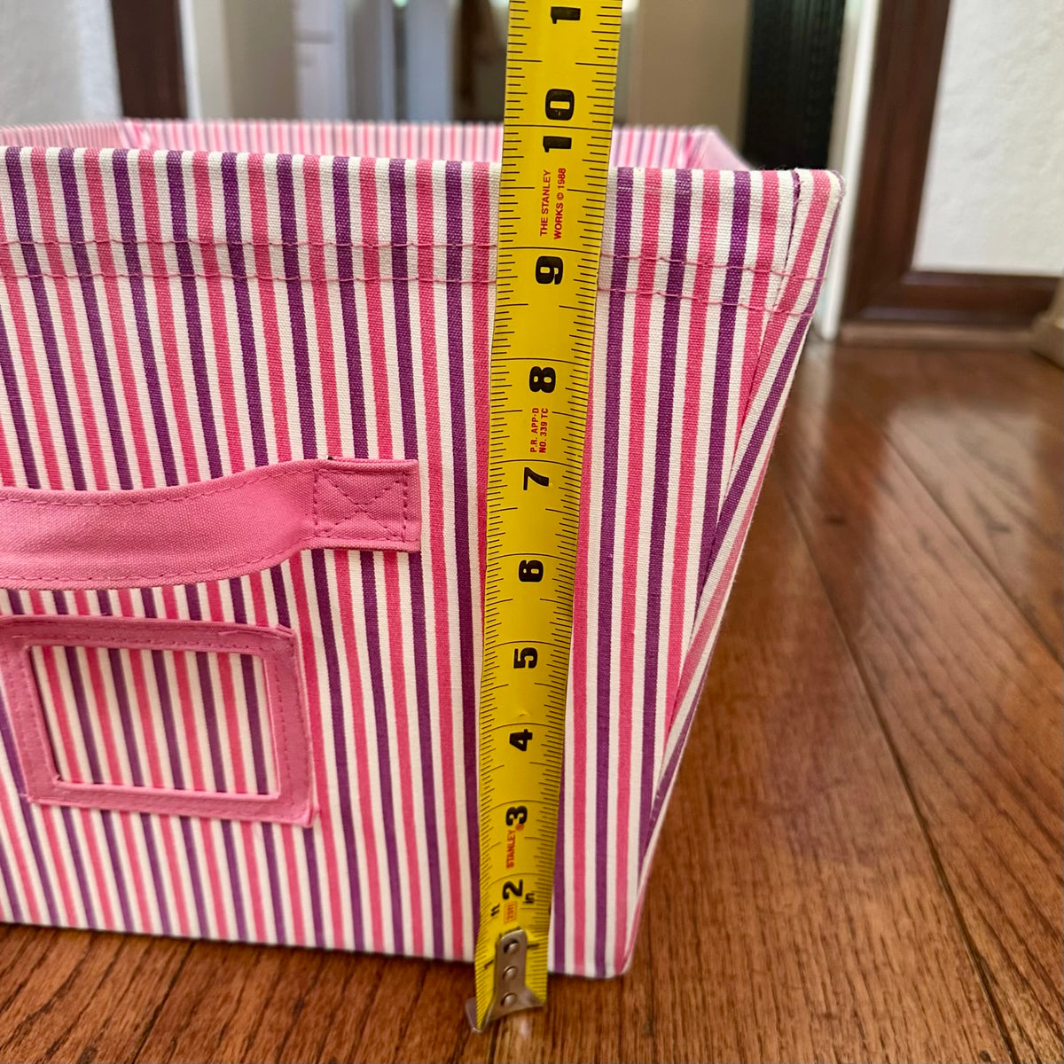 #113	Pink Fabric Bins set of 2, Pink+Purple stripe (17 x 14 x 9.5") and Light Pink (16 x 12 x 8.5")