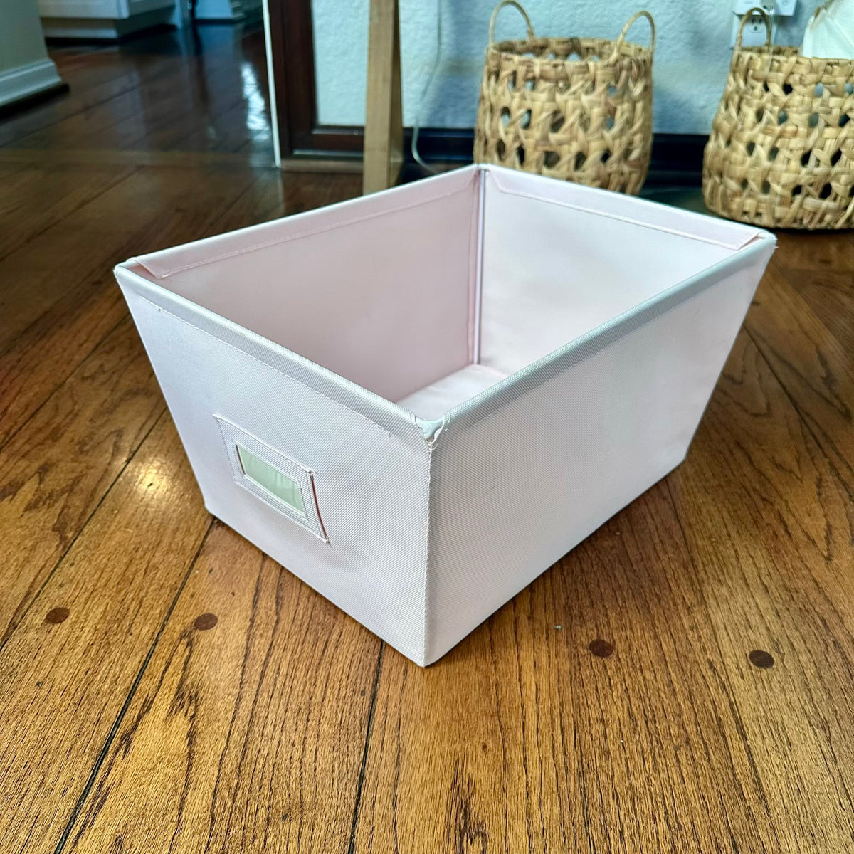#113	Pink Fabric Bins set of 2, Pink+Purple stripe (17 x 14 x 9.5") and Light Pink (16 x 12 x 8.5")