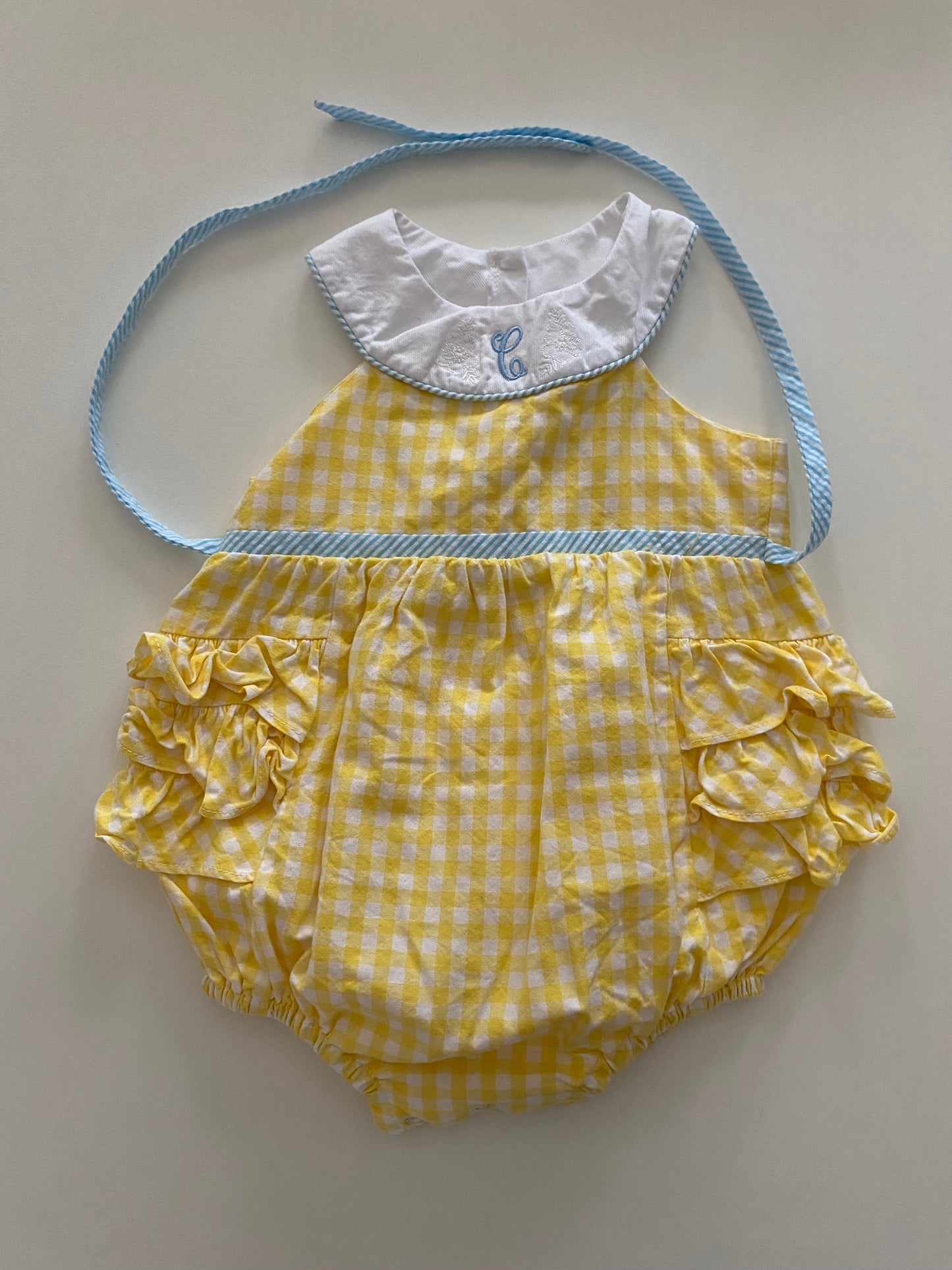 Darling Mae Yellow Gingham Bubble Romper Monogrammed with a ‘C’ Girls 18M
