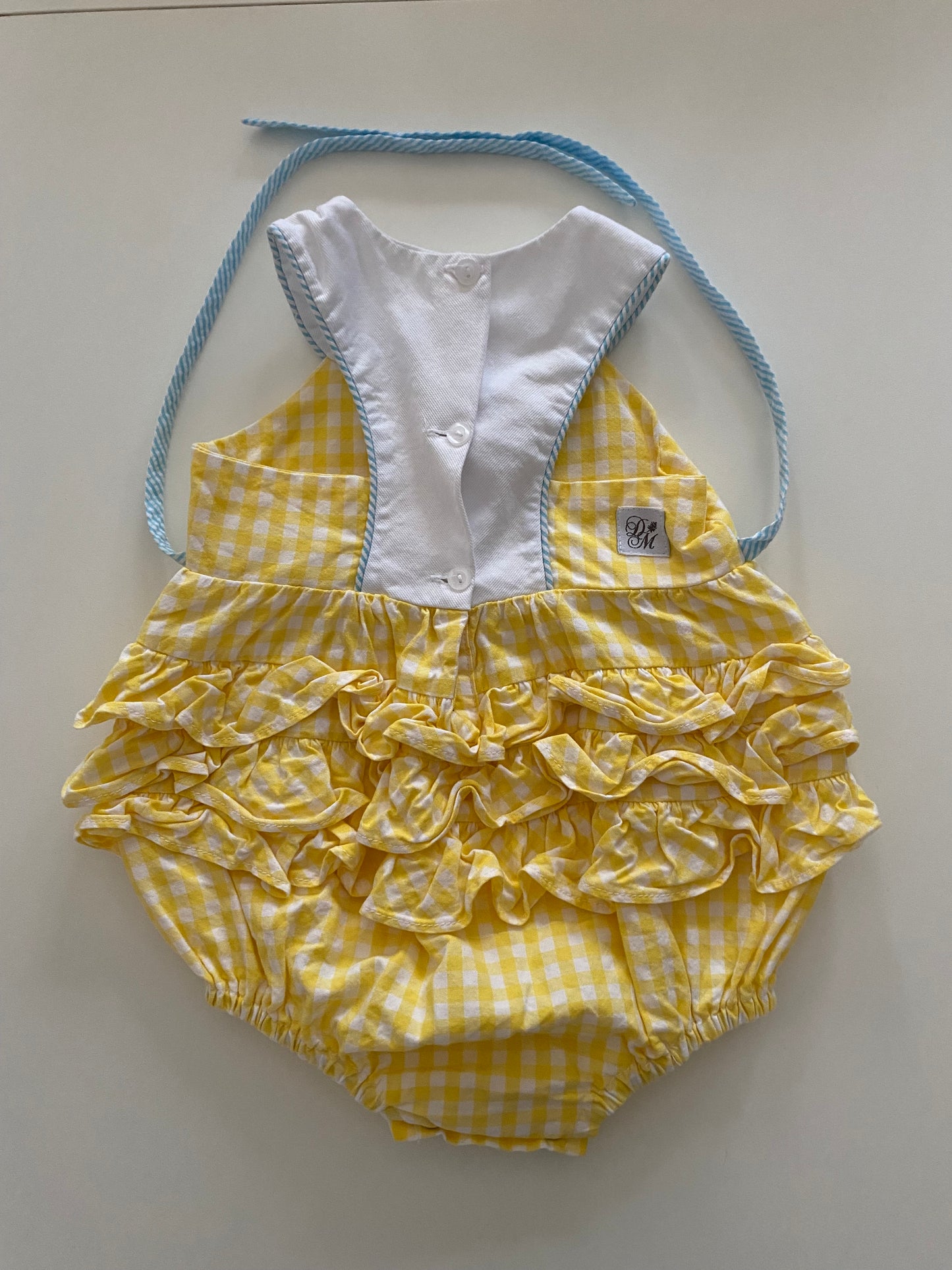 Darling Mae Yellow Gingham Bubble Romper Monogrammed with a ‘C’ Girls 18M