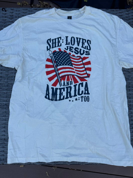 Seller #22 - She Loves Jesus & America Too graphic t-shirt - women’s L - NEW
