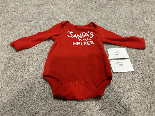 #138 - 6-9 Mo - EUC Cat & Jack - Santa's Little Helper LS Red Onesie - PU 45236