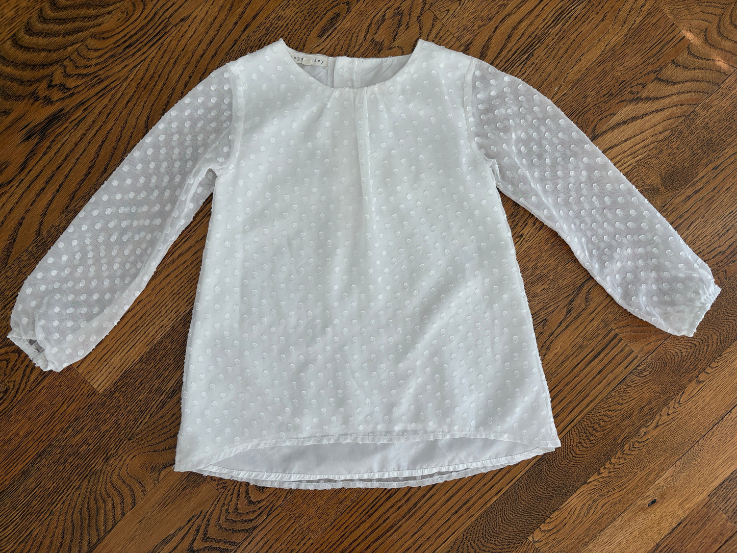 #103 • Girls • 4T • Copper Key • White Polka Dot Blouse