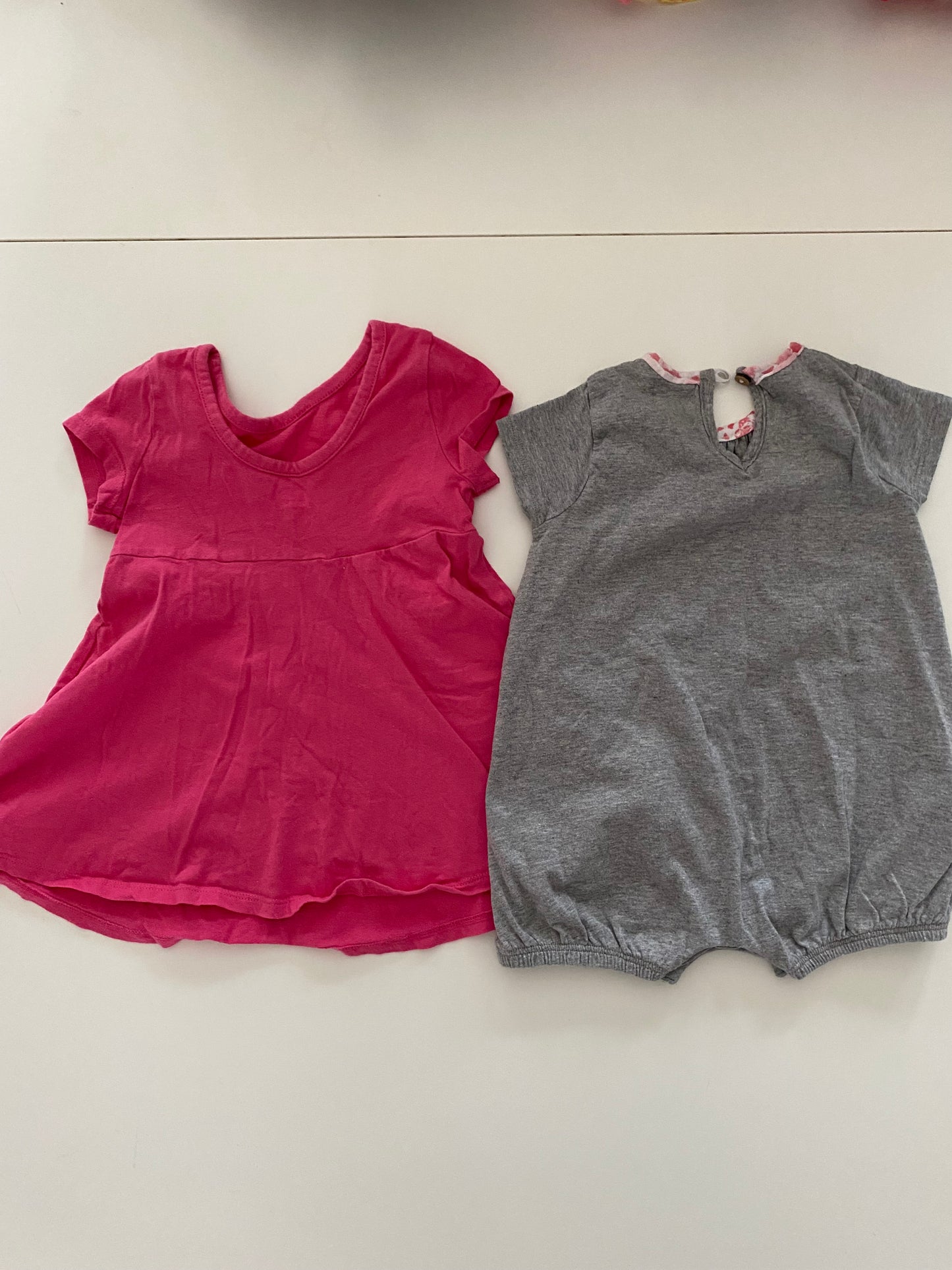 Old Navy Hot Pink Dress and Burt’s Bees Gray Romper Girls 12-18M