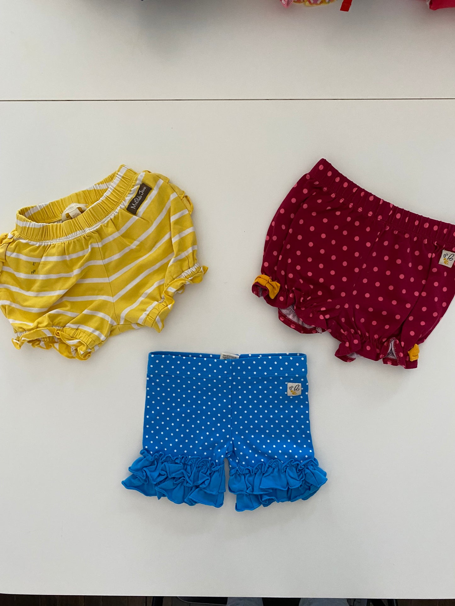 Wild Flowers red polka dot & blue polka dot bike shorts and Matilda Jane yellow stripe bike shorts with ruffles Girls 18M