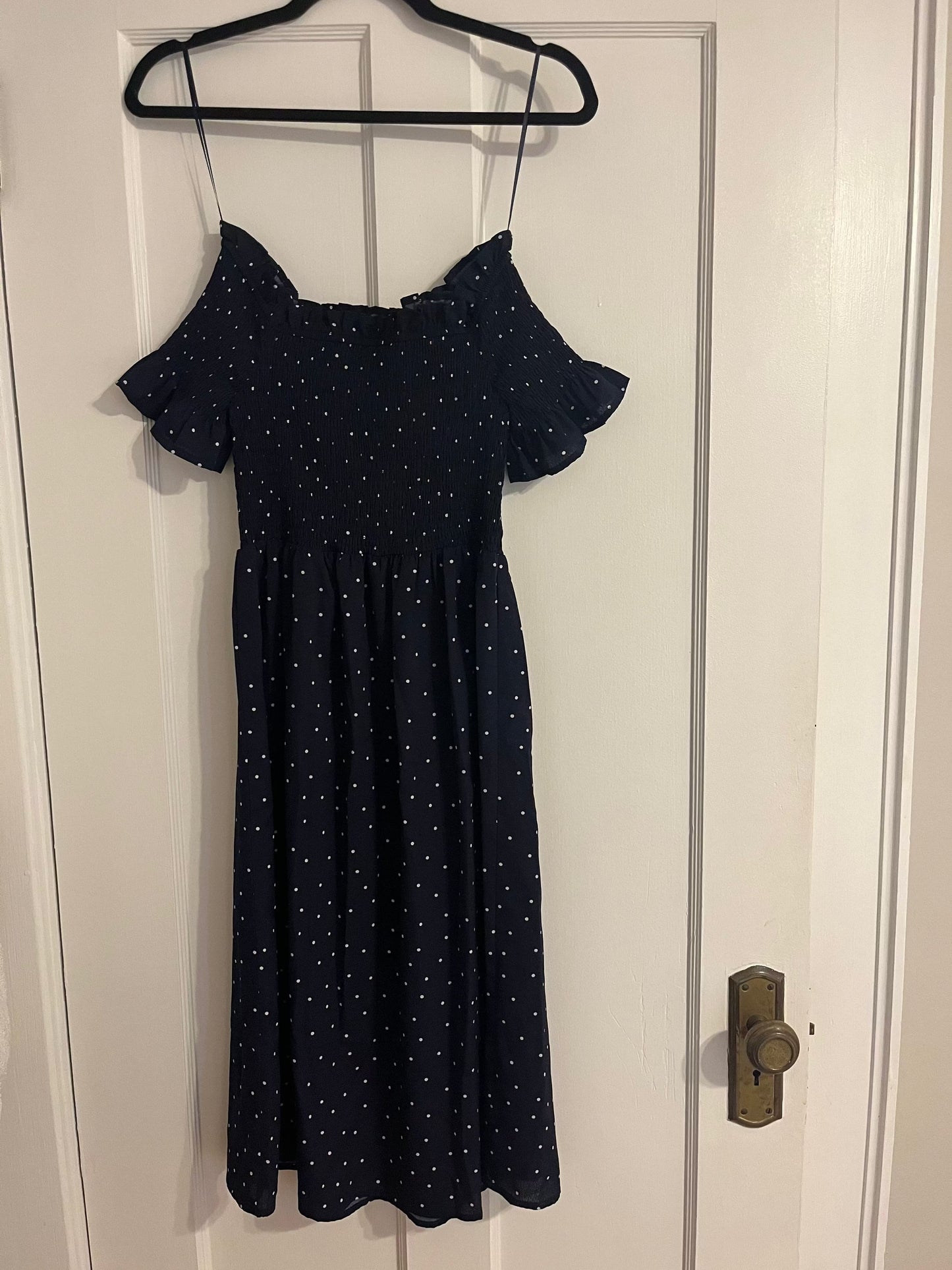 #109 Vine & Love Navy Polka Dot Smocked Off theShoulder Maternity Dress - Size small