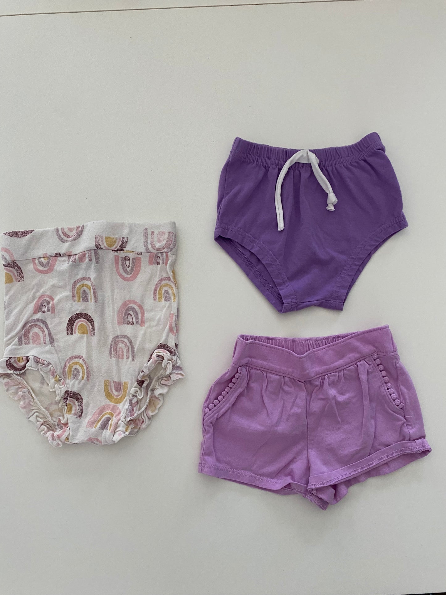 Spearmint Love Rainbow Bloomers and June & January and Oshkosh Purple Short Bundle Set of 3 Girls 12-18M