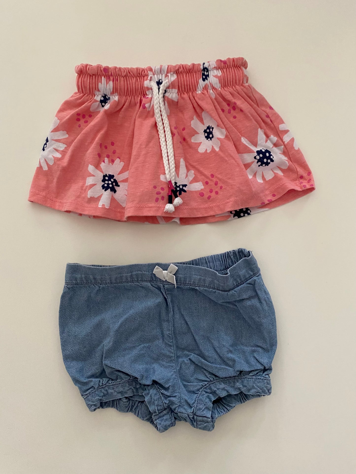 Cat & Jack pink floral skort and Carter’s blue Jean bubble shorts Girls 18 M