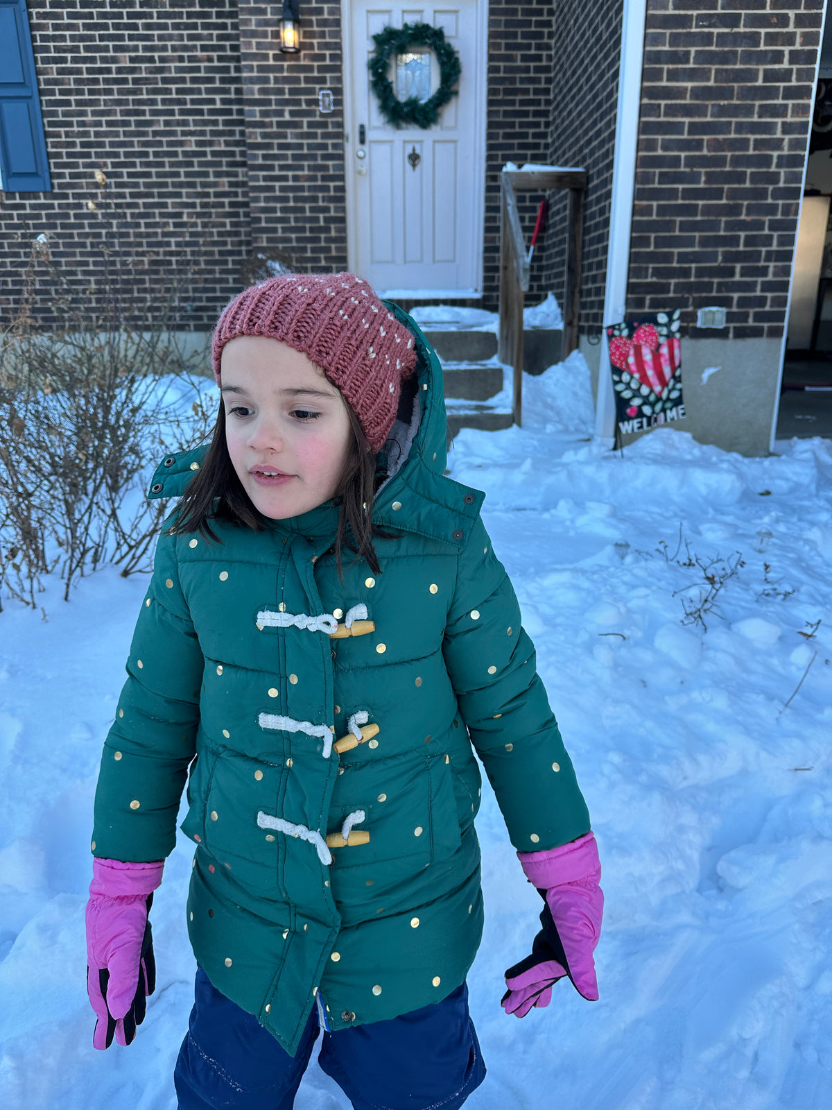 #48 Mini Boden Green & Gold Puffy Coat Girls 5/6
