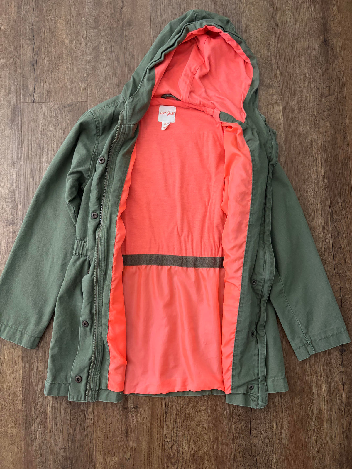 #126 VGUC Cat & Jack Olive Green Utility Field Hooded Jacket Girls L 10/12