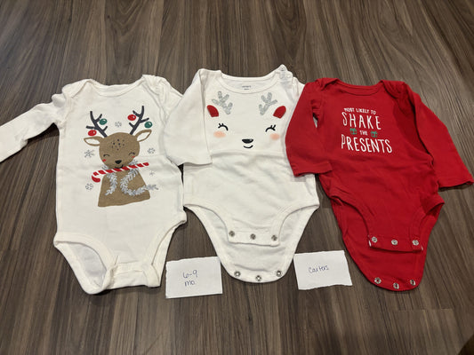 #138 - 6-9 Mo - VGUC Carters - 3 Pack LS Christmas Onesies - PU 45236