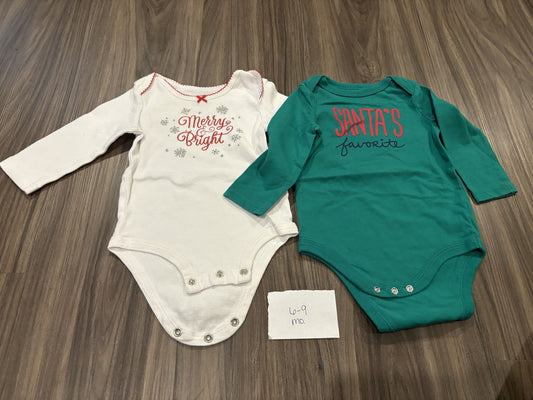 #138 - 6-9 Mo - VGUC 2 Pack LS Christmas Onesies (1 Green + 1 White) - PU 45236