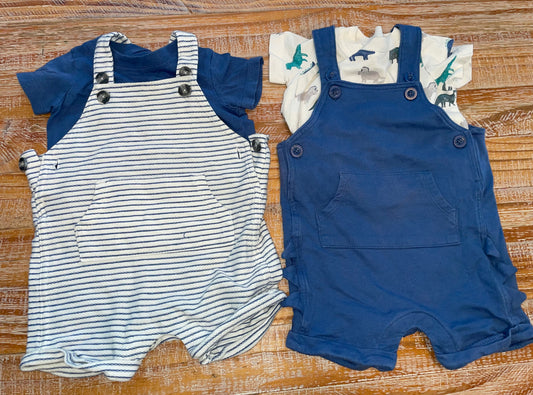 Seller #3 Carter's Boy Size 6 mos Blue Dinosaur Shortall, Blue and White Striped Shortall