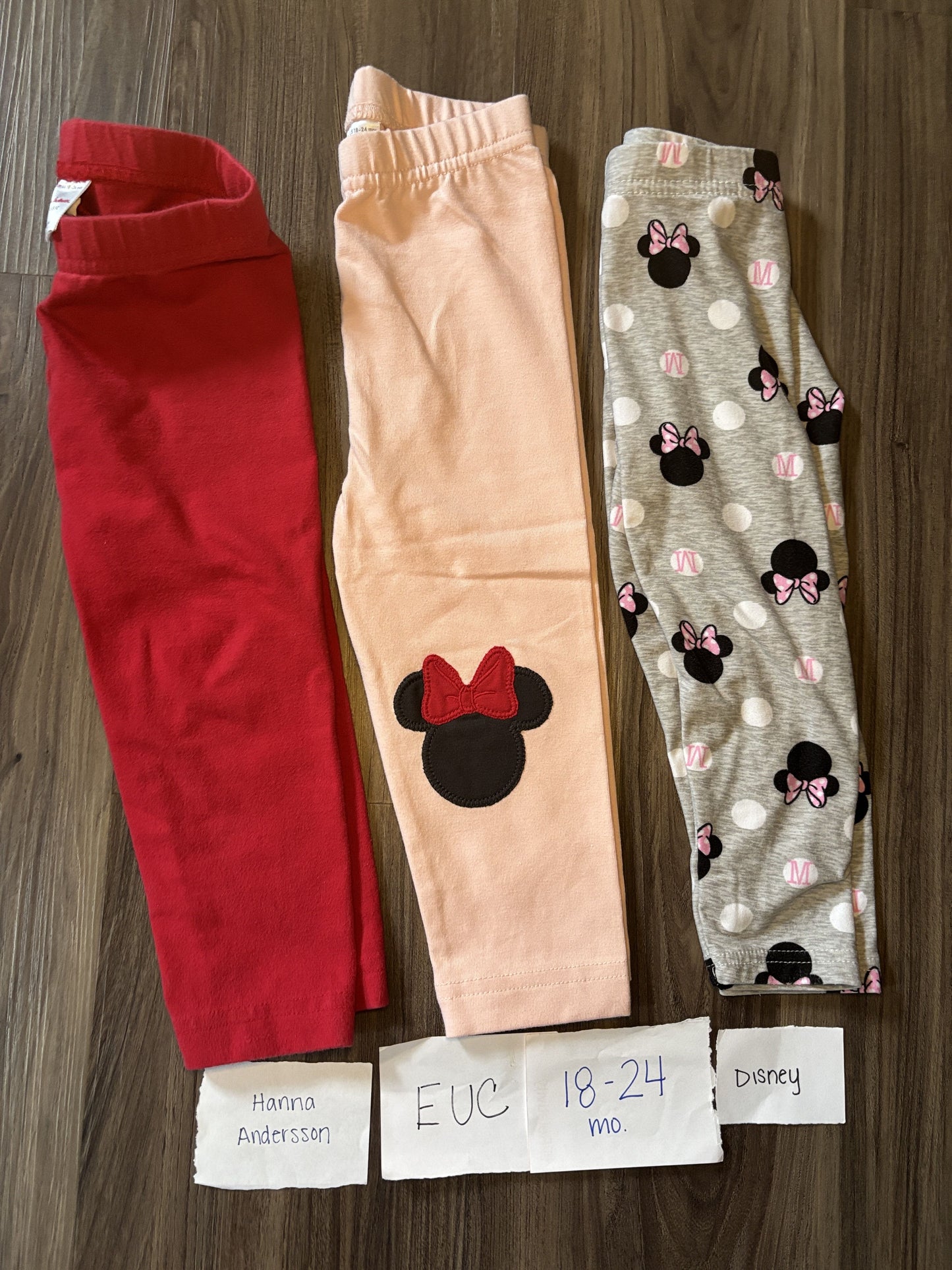 #138 - 18-24 Mo - EUC Hanna Andersson + Disney - 3 Pair Pants (red, pink minnie knee, minnie) - PU 45236