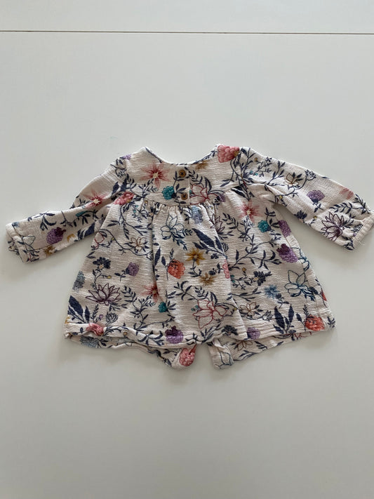 #84B- Zara Baby Cream & Floral Long Sleeved Shirt Girls 9-12M