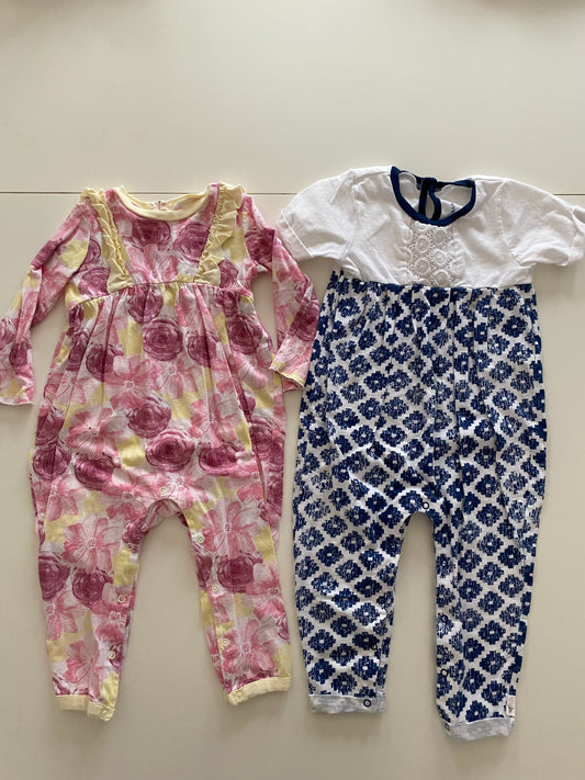 #84B- Burt's Bees White & Blue Long Romper and Burt's Bees Pink& Yellow Floral Long Romper Girls 12M