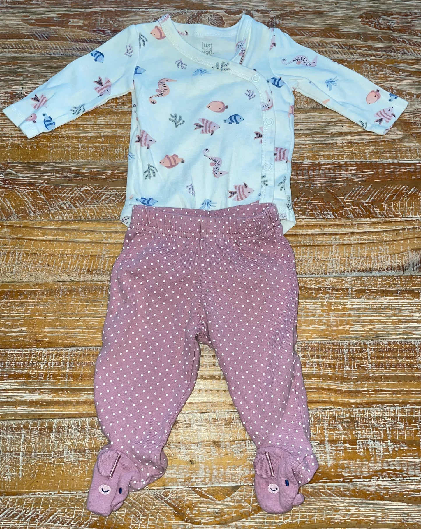 Seller #3 Just One You Two Piece Outfit Sea Friends with Polka Dot Pants and Fish on the Feet 3 mos