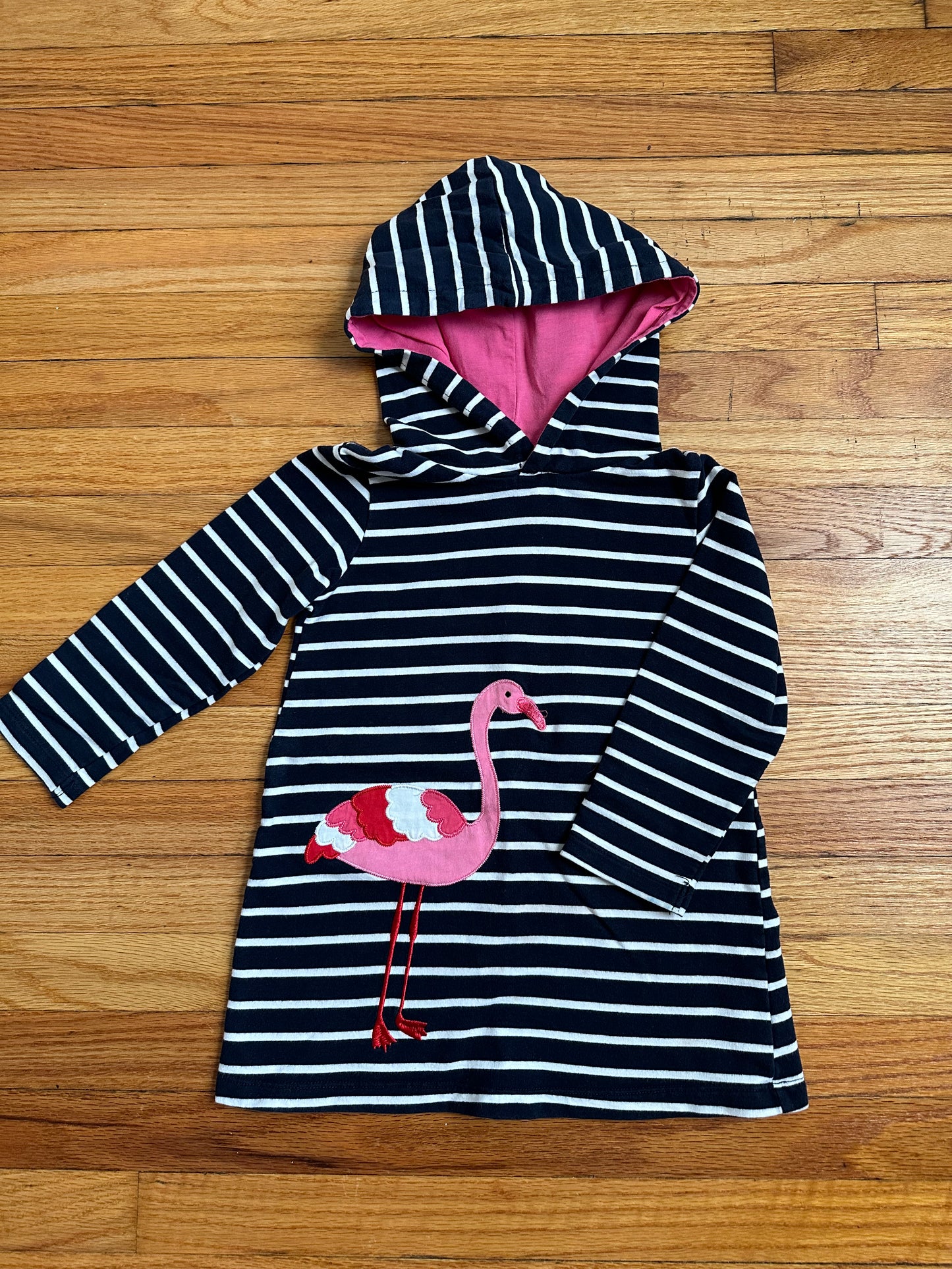 Faux Boden Flamingo Hooded Dress, Navy / Pink, Girls 3-4T