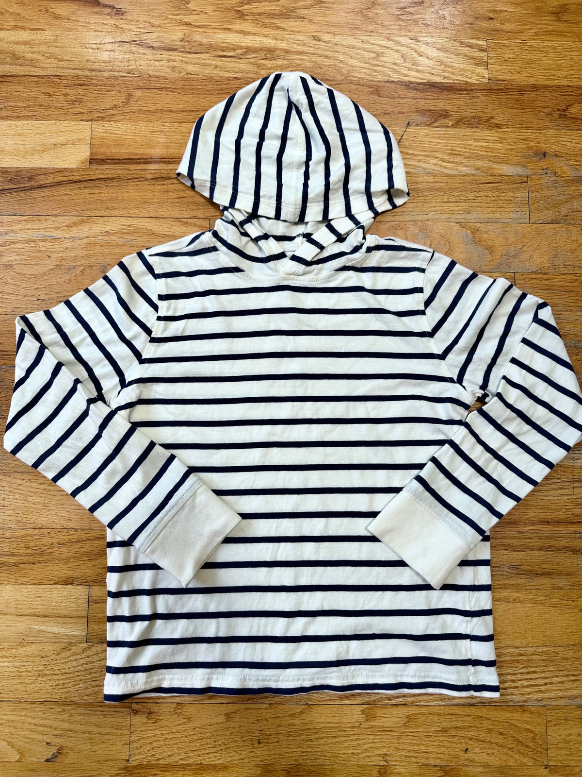#104 Crewcuts M (8-9) boy white w/navy stripes hooded longsleeve shirt