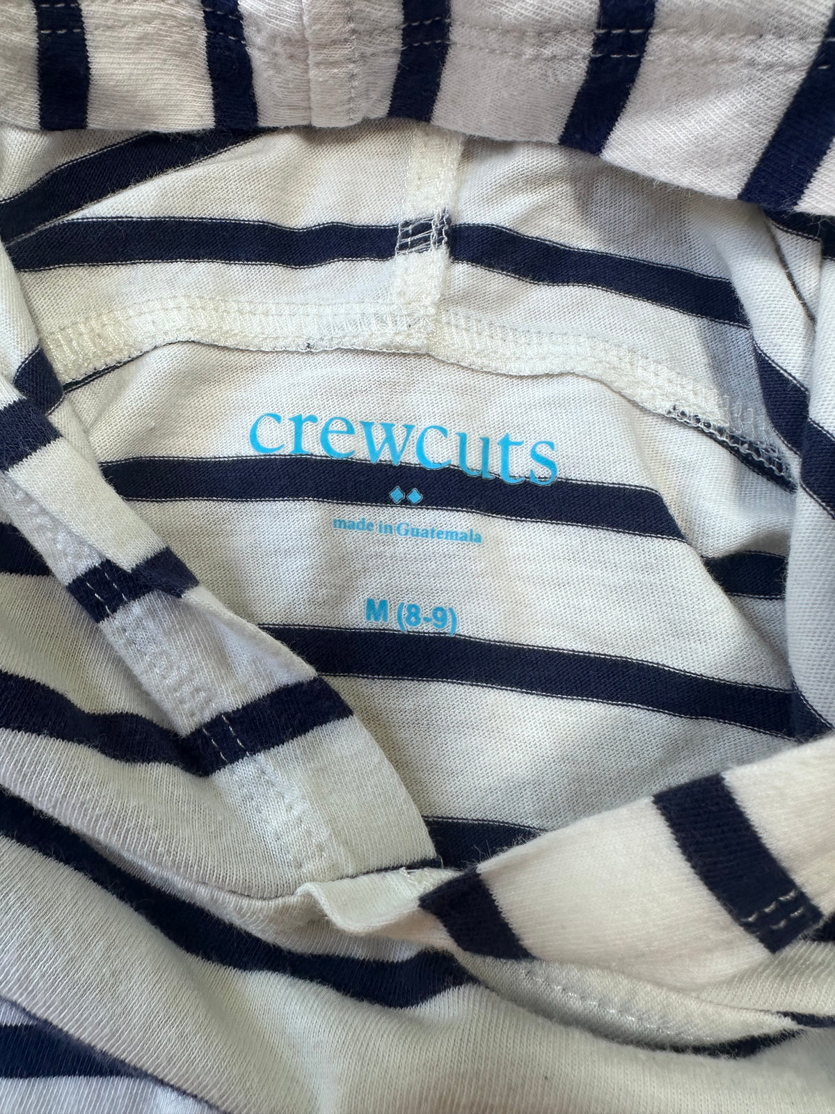 #104 Crewcuts M (8-9) boy white w/navy stripes hooded longsleeve shirt